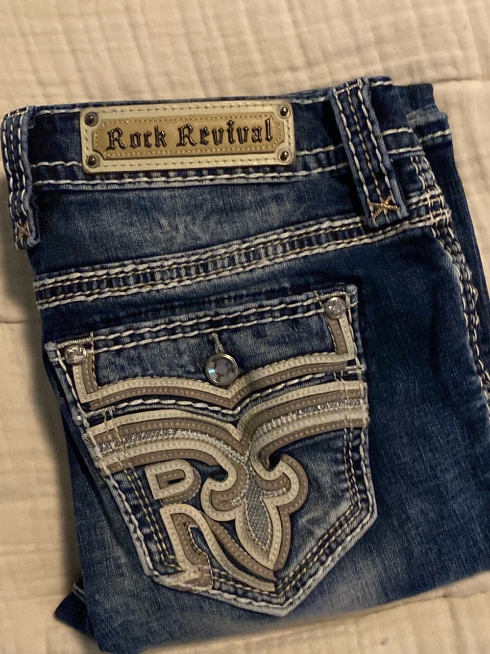 Rock Revival Blue Slim Straight Jeans with Embellished Back Pocket